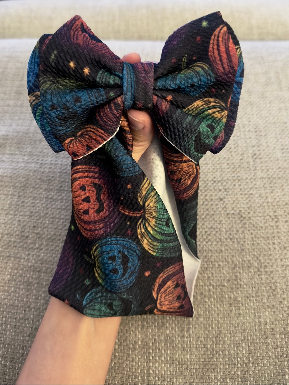 Baby Girl Halloween Pumpkin Print Headband Big Bow - Multicolor on Black
